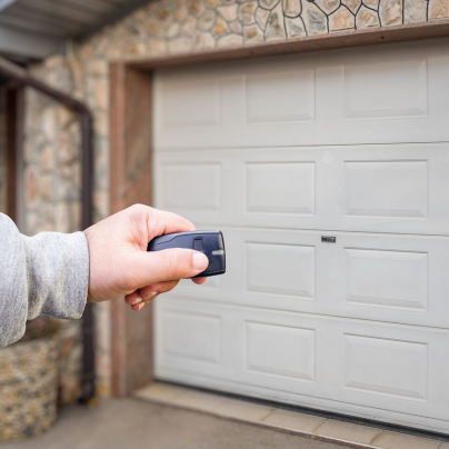 Stamford security key fob pointing to a garage door