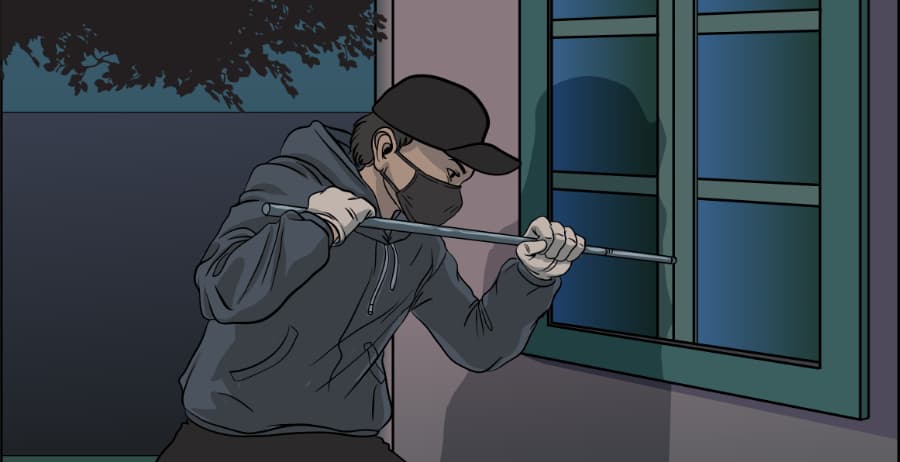 Illustration of burglar forcing entry through a window in Stamford